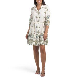 SPIGHE DI LINO Italy Linen Blend Long Sleeve Mini Dress With Rope Belt